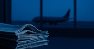 A stack of folded newspapers in the foreground with a passenger jet on the apron seen through an airport window at dusk, in deep navy and blue tones